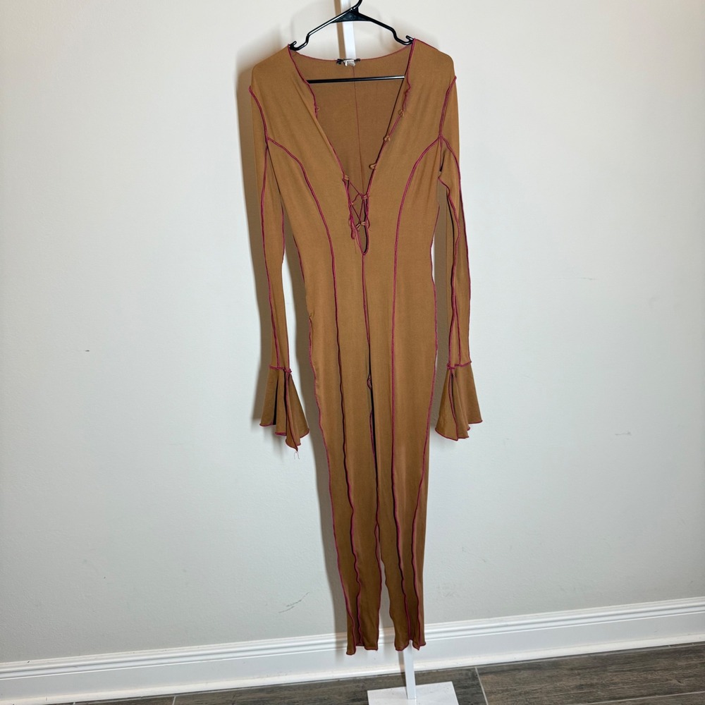 Chérie Los Angeles Jumpsuit Women's Medium Bell Sleeve Lace Up Club Party